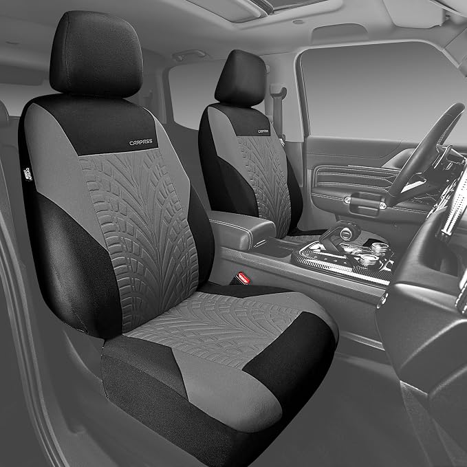 CAR PASS Car Seat Covers Two Front Only for Car, 3D Tyre Print Automotive Interior Covers, Airbag Compatible, Quick Setup Universal Fit Seat Covers for Car, Truck, SUV(Black Gray)