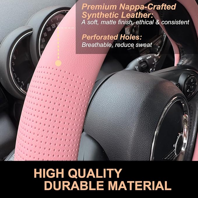PINCTROT Large Size Nappa Leather Steering Wheel Cover, Slim Fit No Bulk Design, One Piece Leather with Breathable Perforation, Fit Like Gloves, 15.5-15.75 Inch(Nappa Pink)