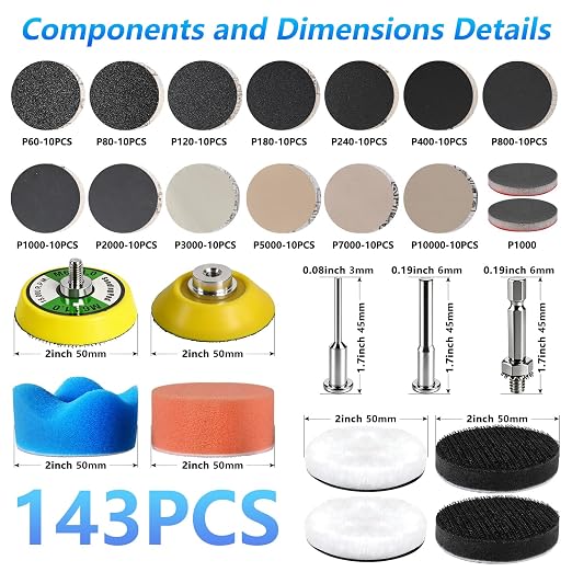143 PCS 2 Inch 60-10000 Grit Headlight Restoration Kit, Wet Dry Hook and Loop Sanding Discs, Drill Polishing Kit Equipped with Sandpaper Pads and Rotary Tools for Wood, Metal, Glass and Small Jobs