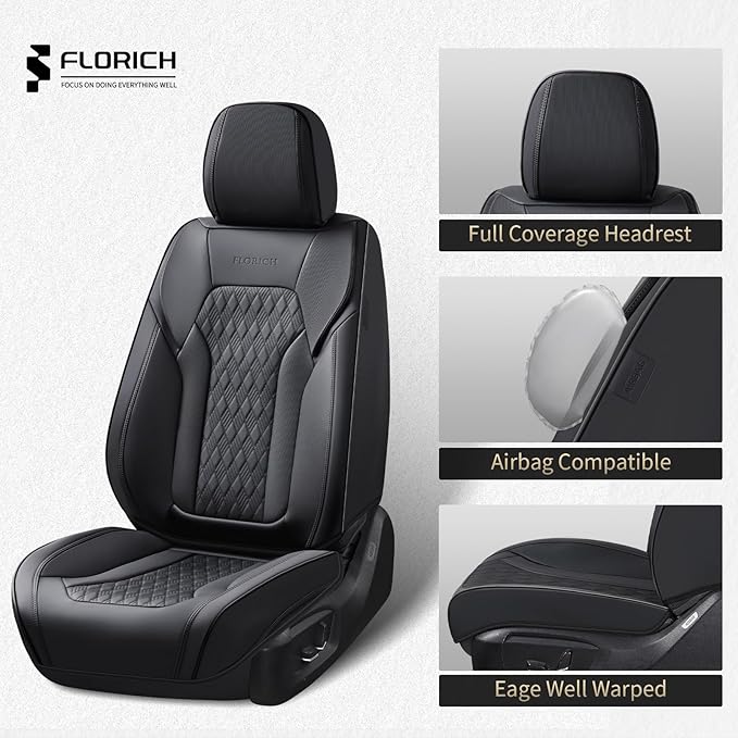FLORICH Seat Covers, Car Seat Covers Full Set, Luxury Nappa Leather Seat Covers, Breathable and Waterproof Car Seat Protector 5 Seat, Automotive Seat Covers Universal Fit for Most Cars-Black&Beige