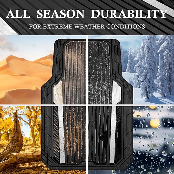 CAR PASS Heavy Duty Rubber Car Mats Metallic, Aluminum Film All Weather Floor Mats Waterproof Universal Trim to Fit for SUV Sedan Van 4 Piece Deep Dish Two-Tone Sporty Black Silver Chrome