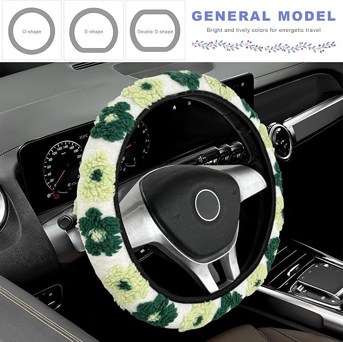 Plush Flowers Steering Wheel Cover, 15 inch Anti-Slip Breathable Steering Wheel Protector Cute Floral Decor, Elastic Soft Wheel Cover Universal Fit for Most Vehicles (Black Green)