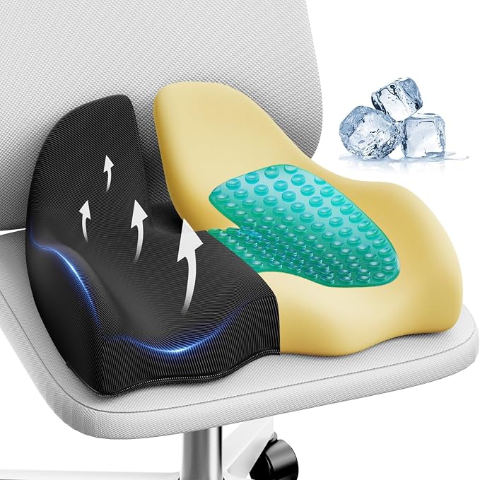 Benazcap Large Cooling Gel Memory Foam Seat Cushion for Long Sitting | Ergonomic cushion. Relieves sciatica, tailbone & lower back pain, great for office work, gaming and long-distance car travel.