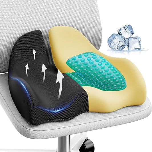 Benazcap Large Cooling Gel Memory Foam Seat Cushion for Long Sitting | Ergonomic cushion. Relieves sciatica, tailbone & lower back pain, great for office work, gaming and long-distance car travel.