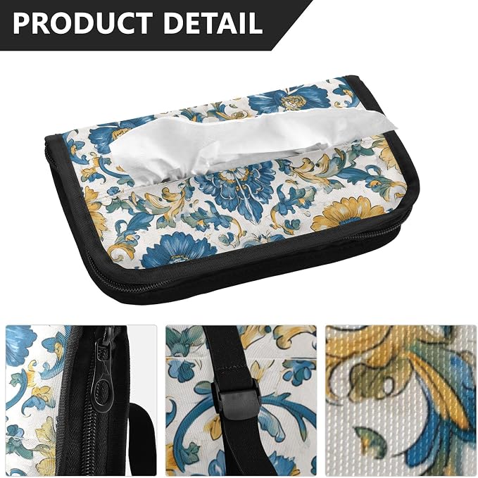 Car Visor Tissue Holder Mask Holder for Car, Car Tissue Box Sun Visor Napkin Holder Car Visor Accessories Adjustable Straps Reusable Durable Easy to Install Floral Blue and Yellow Tile
