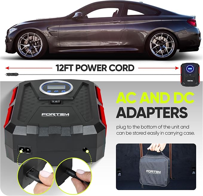 FORTEM Tire Inflator Portable Air Compressor, Air Pump for Car Tires and Bikes, Car Tire Pump w/Auto Shut Off, 150 PSI, 110V AC 12V DC, LED Light, Carrying Case, Perfect for Men, Women