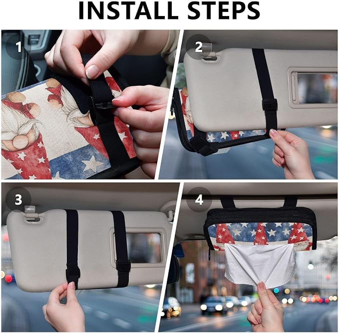 Three July 4th Gnomes Stars Car Tissue Holder Durable Napkin Holder Hanging Tissue Holders Case Car Tissues Bag for Sun Visor Seat Back Universal Auto