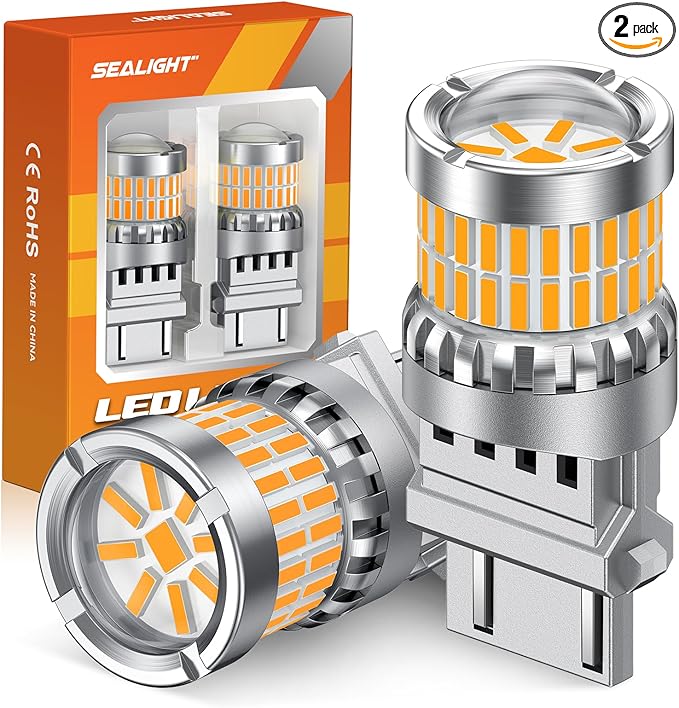 SEALIGHT Turn Signal Light Bulbs 3157 LED Bulb Amber, 700% Brighter 3156 3057 4157 4114 LED Bulb 57-SMD LED Chipset with Projector Len & Load Resistor for Turn Signal Light, Parking Light, Pack of 2