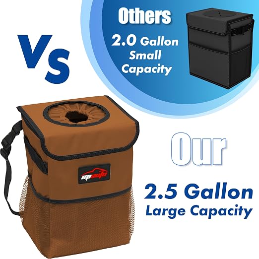 EPAuto Waterproof Car Trash Can with Lid and Pockets, 2.5 Gal, Brown | Leakproof, Collapsible Multipurpose Car Bin with 3 Side Storage Pockets, Adjustable Straps