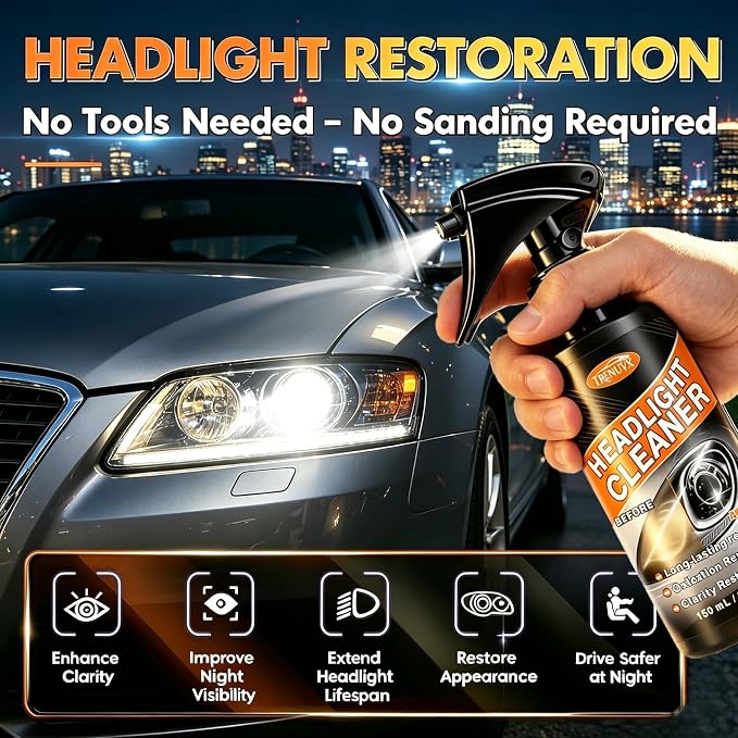 Headlight Restoration Kit-Headlight Cleaner, Quick Spray Eliminates Haze & Oxidation, Restores Foggy Headlamps to Like-New Clarity, No Sanding, UV Protection for All Cars & Trucks, 5 fl oz | No sanding required – simply spray and wipe, zero experience ...