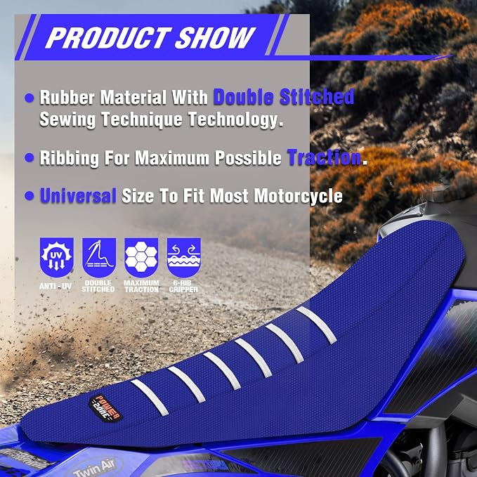 Dirt Bike Seat Cover - White Stripe Universial Seat Cover for Dirt Bike - Motorcycle Motorcross Enduro Seat Covers (Blue)