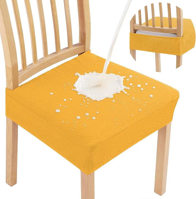 Smiry Waterproof Seat Covers for Dining Room Chairs Set of 6, Stretch Jacquard Removable Washable Chair Seat Slipcovers Protector, No Rear Covers, Mustard Yellow