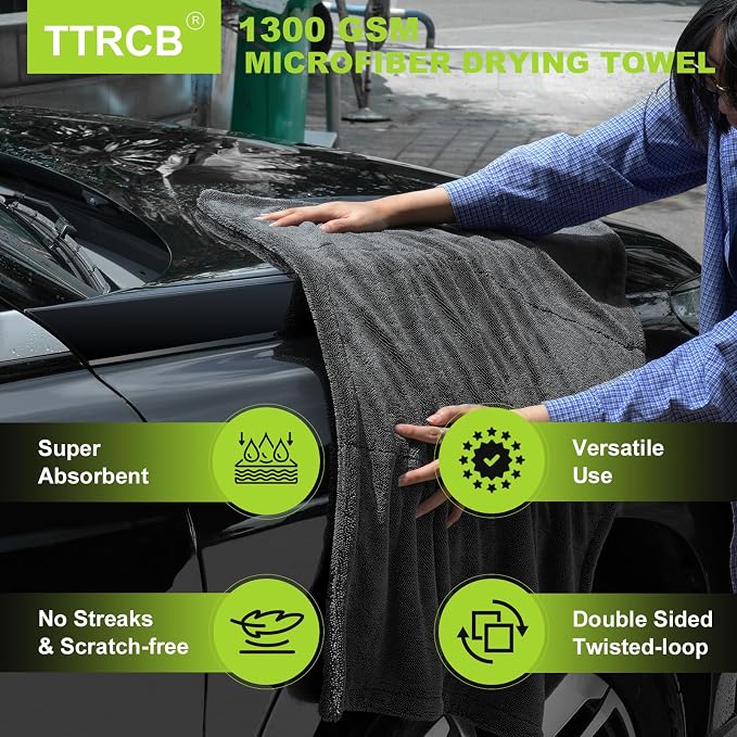 TTRCB 2 Pack Car Drying Towel, 1300 GSM Microfiber Towels for Cars (36" x 24" & 16" x 16"), Car Wash Mitt, Ultra-Absorbent, Streak Free, Car Wash Kit, Car Cleaning Detailing Supplies for SUVs, Trucks