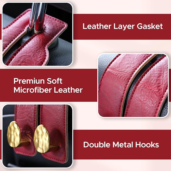 Leather Car Purse Hook for Headrest, 2 Pack (Red-Gold) | Twin Hooks Headrest Hangers, 2/4 Pack, No-Slip, Scratch-Proof, Holds Purses, Backpacks, Grocery Bags, Car Organizer Gift