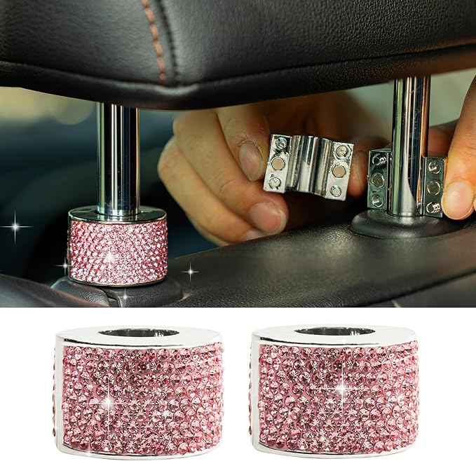 Rislobx 2PCS Magnetic Car Headrest Collars, Rhinestone Car Head Rest Collars Rings Decor, Bling Car Accessories for Women, Interior Decor Car SUV Truck (Pink)