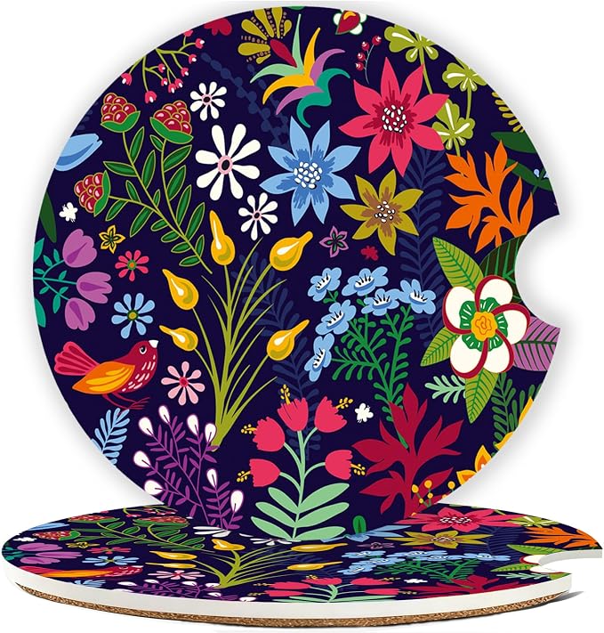 Car Cup Holder Coaster Set of 2, 2.56 in Ceramic Coasters, Scratch-Resistant Cork Backing, Finger Groove Design for Easy Placement, Cute Car Accessories Interior for Women (Tropical Flowers)