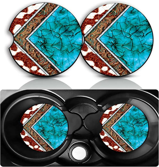 Western Car Cup Holder Coasters Set of 2,Fun Southwestern Style Car Accessories 2.75" Universal Size Anti Slip Rubber Mat Auto Insert Coasters Native American Gifts for Women Men Dad Grandpa