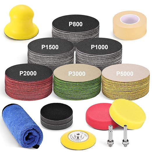 3 Inch Wet Dry Headlight Restoration Kit, Drill Sanding & Polishing Attachment with 800-5000 Grit Sandpaper Discs, 1/4 Shanks, Foam Pads, 3.5'' Face Buffing Polishing Pads, Masking Tape