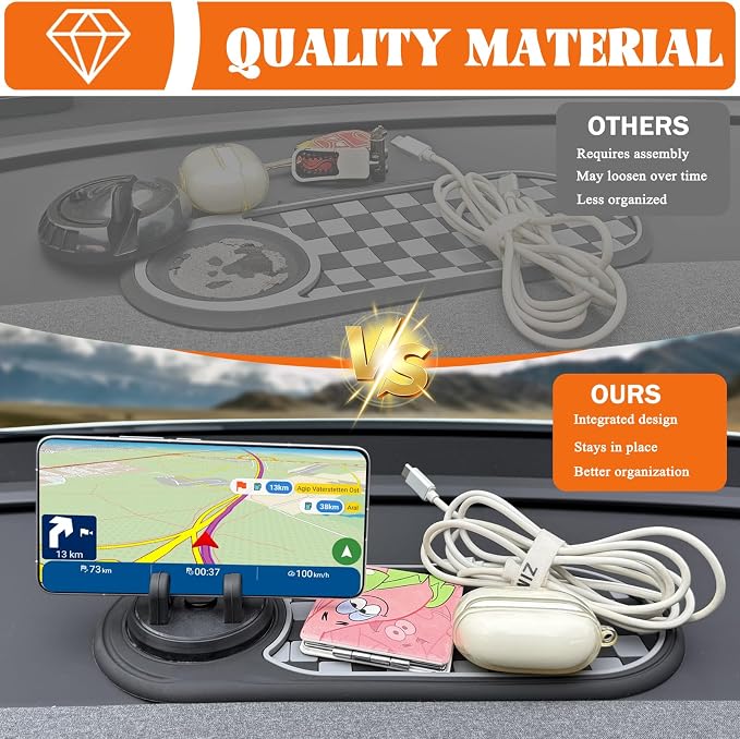Multifunctional Car Anti-Slip Mat with 360° Rotating Phone Holder – 3 in 1 Anti Slip Mat for Car, Dashboard Mat Anti Slip Pad for Car Dashboard Organizer for Sunglasses, Keys