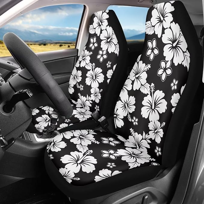 Hawaiian Florals Front Car Seat Cover for Women 2 Pcs Hibiscus Car Seat Covers Removable Automotive Accessories for Most Cars SUVs and Sedans
