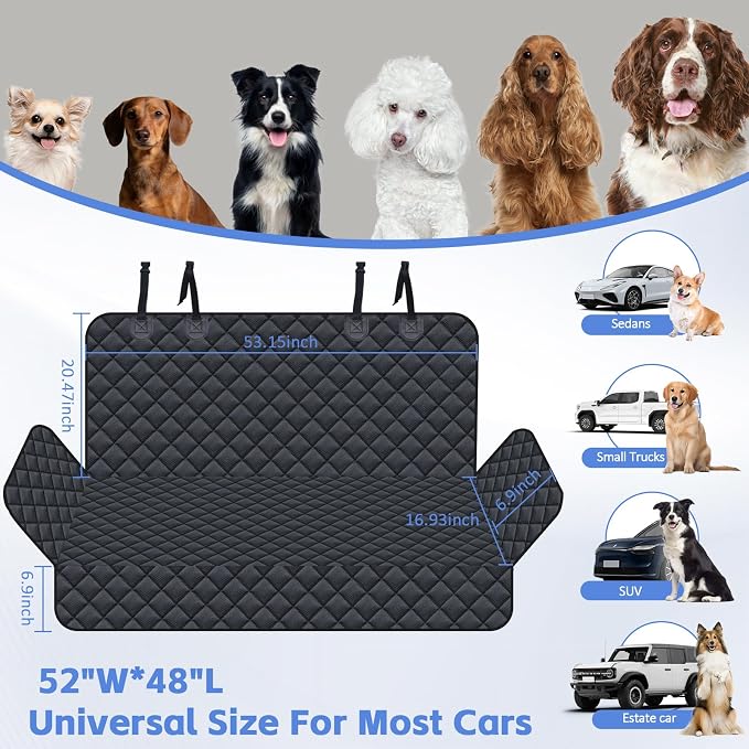JSTHT Dog Car Seat Cover for Back Seat Pet Cover, Black 52"x48" | Waterproof Car Bench Seat Cover Protector, Nonslip Scratchproof Durable Soft Seat Cover for Car, Truck, & SUV, Universal Size