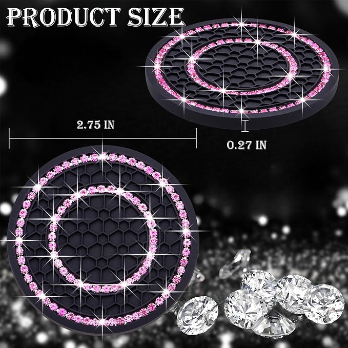 4PCS Bling Crystal Rhinestone Cup Holder Coaster, 2.75 inch Soft Silicone Anti-Slip Shockproof, Car Cup Holder Insert Coasters, Universal Car Interior Accessories for Women (Black & Pink)