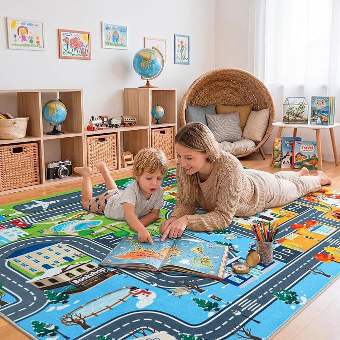 Car Rug Play Mat for Kids Toy Cars, 5' x 7' Town City Track Road Carpet, Non-Slip Machine Washable Town City Track Road Rugs Four Seasons Theme Traffic Mat for Kids Room Bedroom Game Safe Area