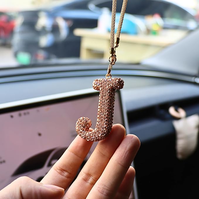 Bling Car Accessories for Women Letter Charm, Rainbow Crystal Rearview Mirror Pendant, Cute Diamond Rhinestone Car Decor, Lucky Gift for Women(J, Champagne Gold)