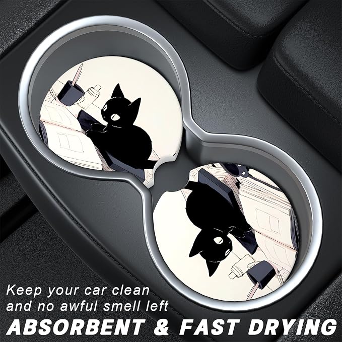Aiawoxc Car Cup Holder Coasters, 2 Pack Universal Auto Anti Slip Insert Coaster with A Finger Notch, Cup Mat for Most Car Interior, Cute Reading Cat