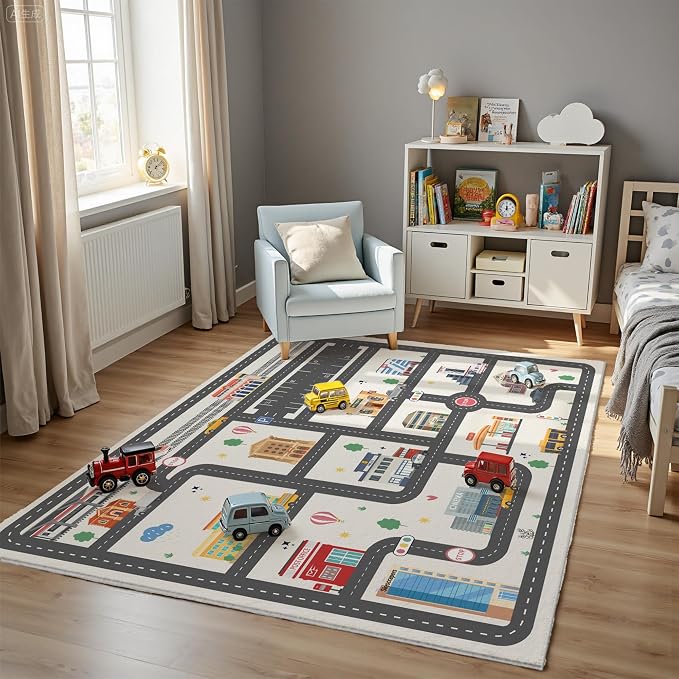 Nayoroom Kids Car Road Playroom Rug, Faux Wool City Map, Non-Slip, 4 x 6 ft | Interactive city road map; Car-friendly routes; Soft faux wool surface; Non-slip backing; Easy-care room accent
