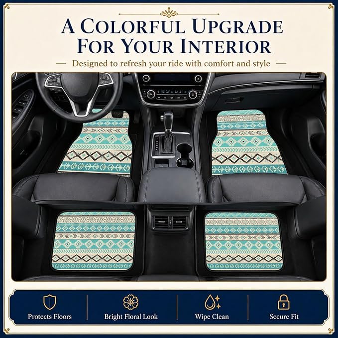 Turquoise Car Floor Mats Set of 4 Tribal Diamond Stripe Car Accessories Foot Mats Rugs, Non-Slip,Decor for Universal Fit for Suvs Sedans Trucks Cars Auto Floor Carpets Rugs All-Weather