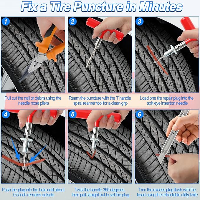 Tire Plug Kit, 130 PCS Tubeless Tire Repair Kit with Heavy-Duty Metal T-Handle Tools, Repair Strips, Screw-in Repair Plugs, Valve Stem Service Accessories & Hard Case for Car SUV Motorcycle ATV