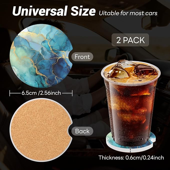 Car Cup Holder Ceramic Coasters 2 Pack, 2.56 in Anti Slip Absorbent Coaster with Cork Base and Finger Notch, Funny Cute Car Accessories Interior for Women, Green Blue Stone