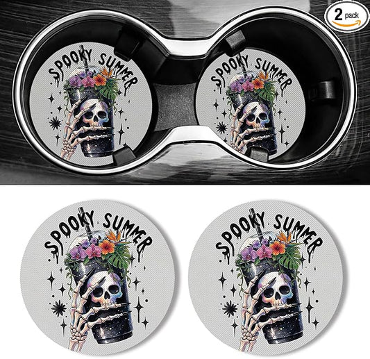 WOCOCN Car Coasters for Cup Holders - 2 Pack 2.75" Universal Rubber Car Cup Coaster, Non-Slip Waterproof Car Interior Accessories, Cute Car Decor Gifts for Women and Men (Spooky Summer)