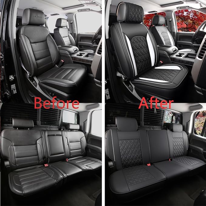 JOJOBAY Chevy Silverado Seat Covers,Leather Seat Covers for GMC Sierra,Custom Fit 2007-2026 1500 2500HD 3500HD Crew Double Extended Regular Cab,LT LZT RST Trail Boss(Full Set,Black White)
