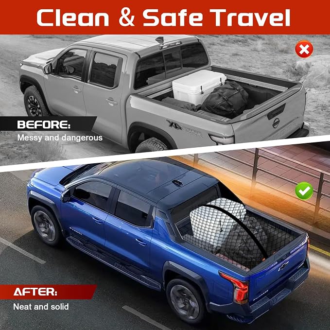 Truck Bed Cargo Net, High Elastic Cargo Net with Storage Bag and 8 rustproof Buckles, Stretchable from 4'x4' to 7'x7' Ideal for ATV, SUV, UTV, Truck and Boat Use, Double Layer