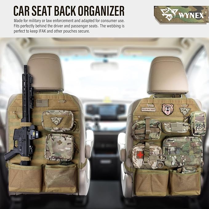 WYNEX Molle Seat Back Car Organizer Fit Most Car F150 Jeeps Pickups Trucks | 26.4x16.1" Backseat Storage Cover, Truck Seat Back Protector, Sling Rack, Visual Pocket & Wolf Patch for Road Trips
