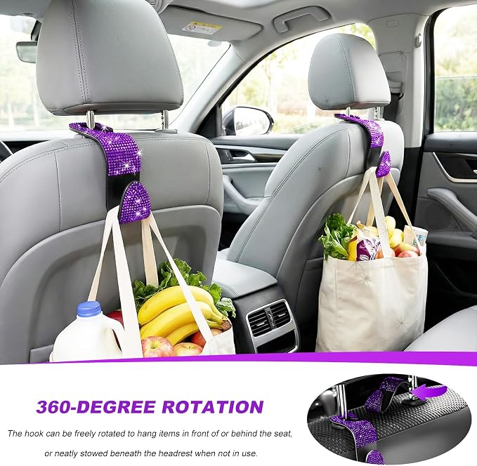 4 PCS Car Seat Headrest Hook, Crystal Rhinestone Seat Hanger Auto Interior Purse Holder, Bling Vehicle Backseat Hangers for Grocery Bags Handbags Coats, Car Accessories (Purple)