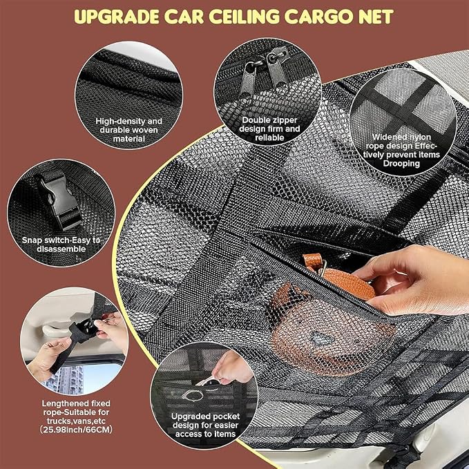 Car Ceiling Cargo Net for Subaru Forester 2018-2026 Car Roof Storage Mesh Bag Adjustable Roof Storage Organizer Double-Layer Mesh Pocket Accessories