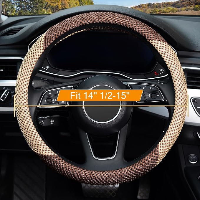 KAFEEK Steering Wheel Cover, Universal 15 inch, Microfiber Breathable Ice Silk, Anti-Slip, Odorless, Beige& Brown