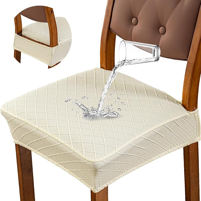Genina Waterproof Seat Covers for Dining Room Chairs Covers Dining Chair Slipcovers Protector, No Rear Covers (Beige, 4 Pcs)