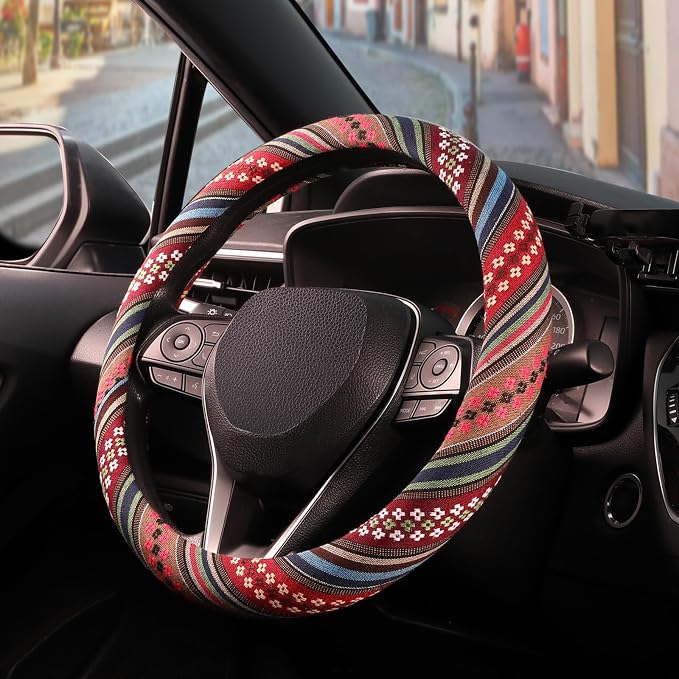 SEG Direct Boho Steering Wheel Cover, Baja Blanket Cloth, Coarse Flax | Bohemian Car Decor, Ethnic Style, Coarse Flax, Fabric Cover Fits 14 1/2-15 1/4 inches Standard Medium Size, for Women Men