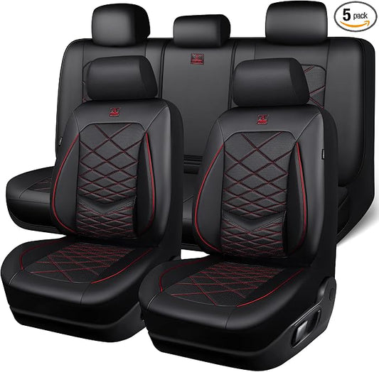 CAR PASS Luxury Nappa Leather Seat Covers Full Set, Water Resistant Faux Leather Seat Cover with Lumbar Support, Breathable Automotive Seat Covers Universal Fit for Sedan SUV Van Truck, Black Red