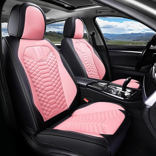 Coverado Car Seat Covers, Front Seat Cover, Waterproof Nappa Leather Seat Covers for Cars, 2 Pack Car Seat Protectors, Car Seat Cushion, Automotive Seat Covers Universal Fit for Most Cars (Black&Pink)