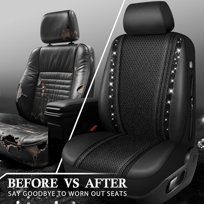 CAR PASS Memory Foam 3D Mesh Bling Diamond Car Seat Cover Full Set Breathable Soft Sponge Universal Shining Glitter Sparkly Crystal Armrest Fit Automotive Truck SUV Cute Women Girl, Black Rhinestone