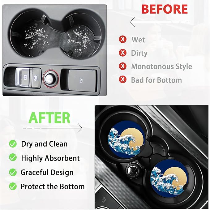 Great Wave Car Cup Holder Coaster,Japan Ocean Sunset Car Coasters for Cup Holder,2 PCS Absorbent Insert Ceramic Car Assecories with Cork Back & Finger Notch for Women Men