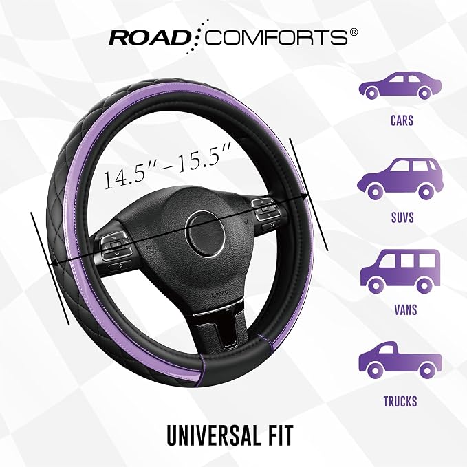 Road Comforts Leather Steering Wheel Cover – Black & Purple, Universal Fit 14.5-15 Inch, Microfiber Leather, Anti-Slip & Breathable Design for Men and Women