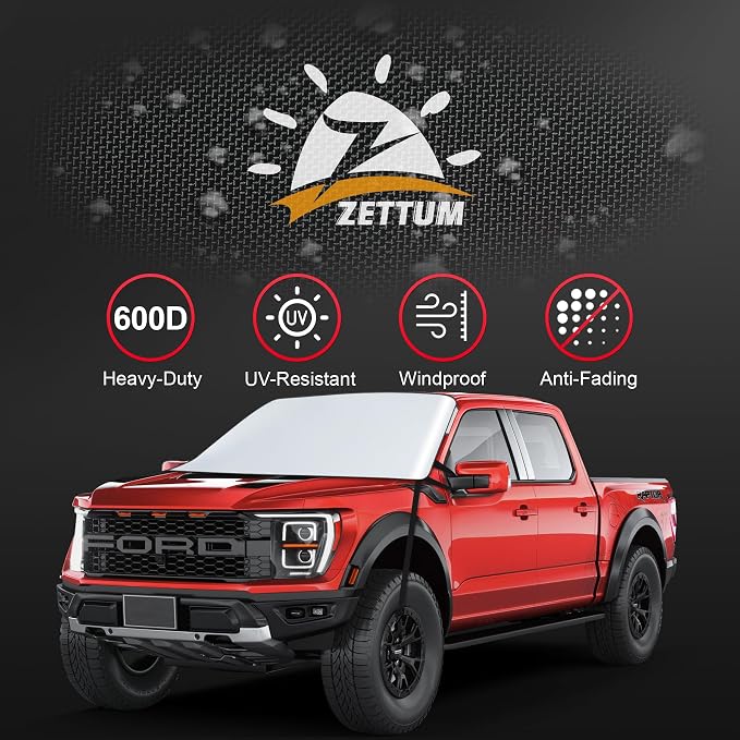 Zettum Truck Windshield Sun Cover - 600D Windshield Sun Shade Window Cover for Pickup Truck Heavy Duty, Outside Summer Sunshade Protector for Ford F150, Silverado, GMC Sierra, Ram, Van, and More