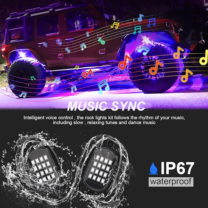4 Pods Rock Lights for Trucks, RGB APP Control Music Mode Multilcolor Waterproof High Bright LED UTV ATV RZR Underglow kit