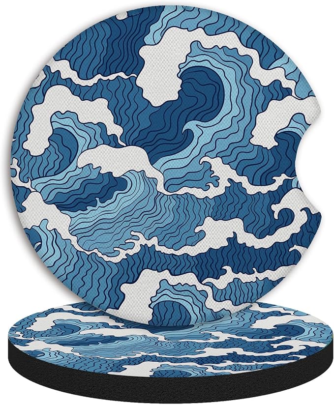 2pcs Car Cup Holder Coasters Sea Wave Pattern Car Coasters，Universal Auto Anti Slip Coasters,Rubber Car Coasters with A Finger Groove, Cute Car Accessories for Women&Men